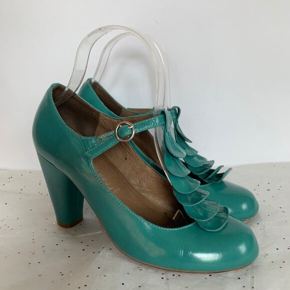 Jeffrey Campbell Y2K Frill Teal Blue Green Ruffle T strap Retro Inspired Pump 7 - Picture 2 of 10